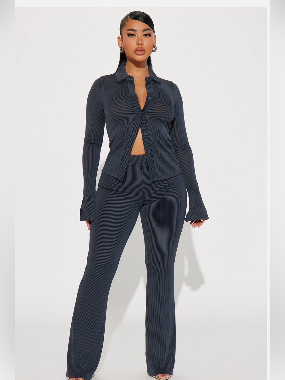 NAVY -Ribbed Flare Pants Set